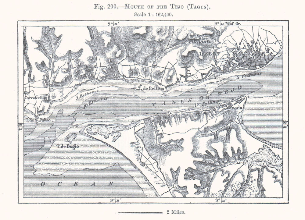 Mouth of the Tejo (Tagus). Lisbon Lisboa. Portugal. Sketch map 1885 old